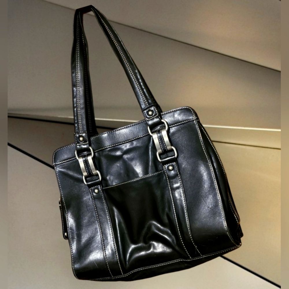 Perlina New York Black Leather White Stitch Multi-Pocket Business/Laptop…